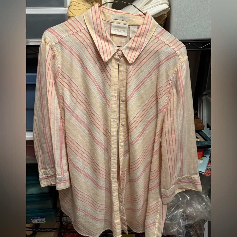 Chico's Women's Striped Blouse - Red and Cream No Iron